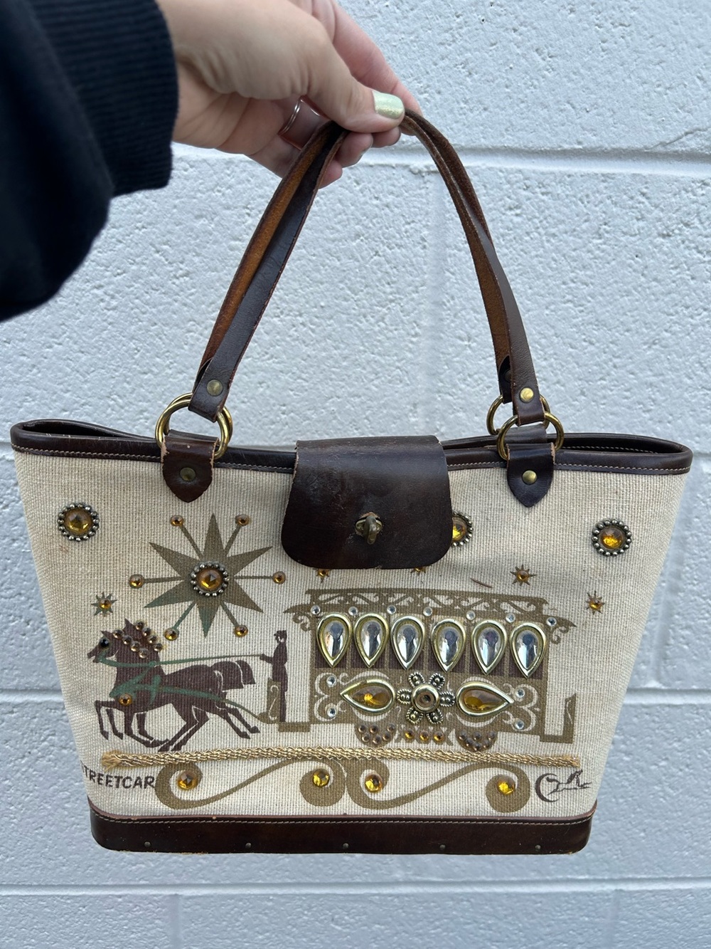 vintage Enid Collins "Carriage Trade" tote bag "Cable Car" “streetcar”design bag